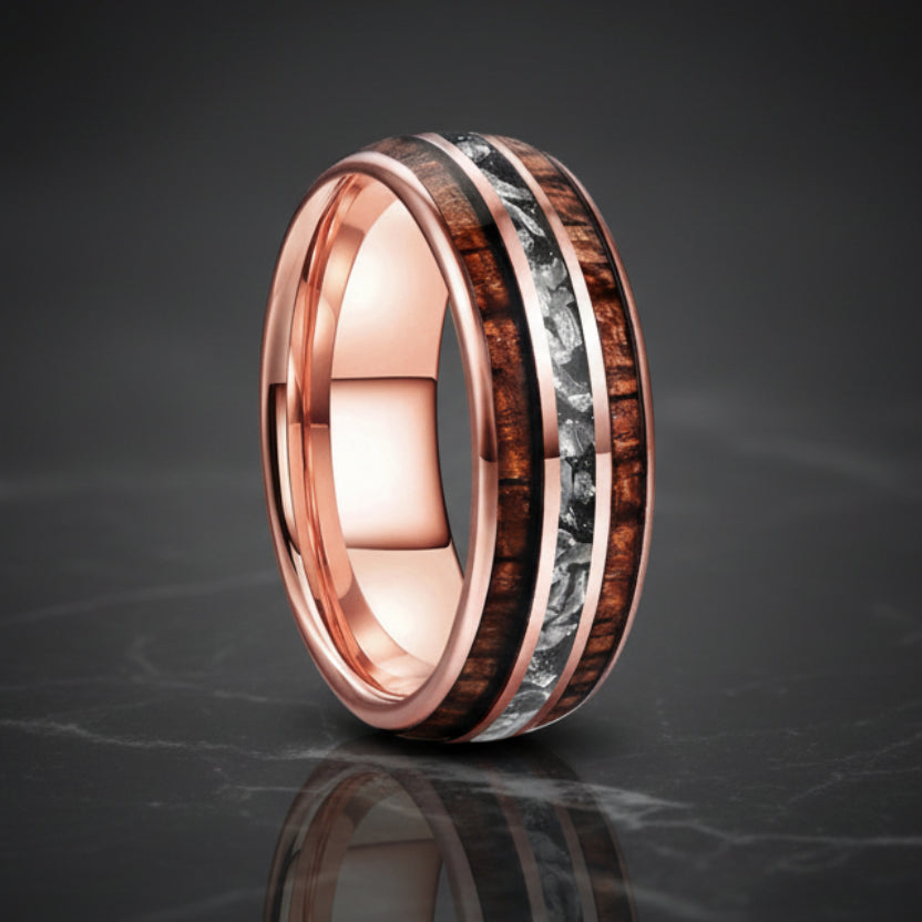 8mm Tungsten Carbide Ring – Koa Wood & Meteorite Inlay