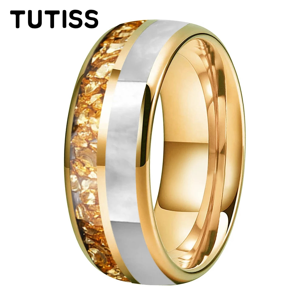 Golden Crystal & Mother of Pearl Tungsten Ring – RealTungsten