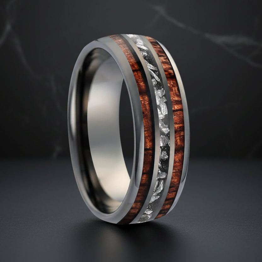 8mm Tungsten Carbide Ring – Koa Wood & Meteorite Inlay