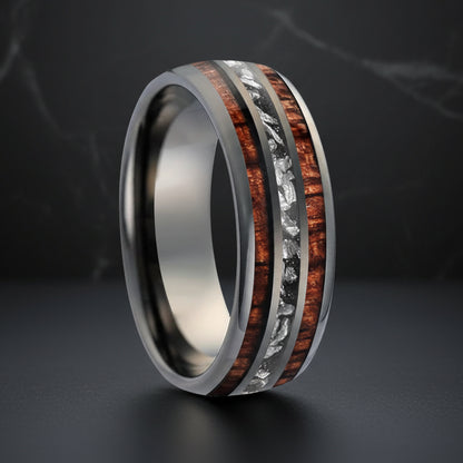 8mm Tungsten Carbide Ring – Koa Wood & Meteorite Inlay