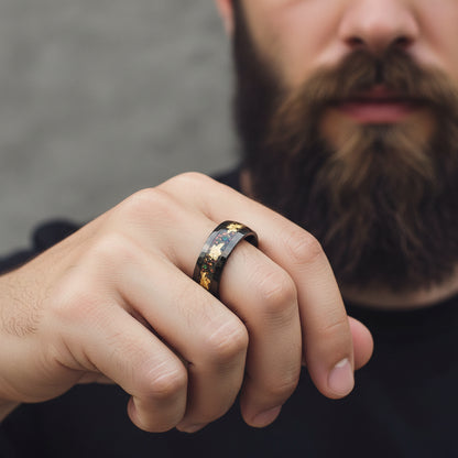 Black Damascus Steel Ring with Crushed Opal