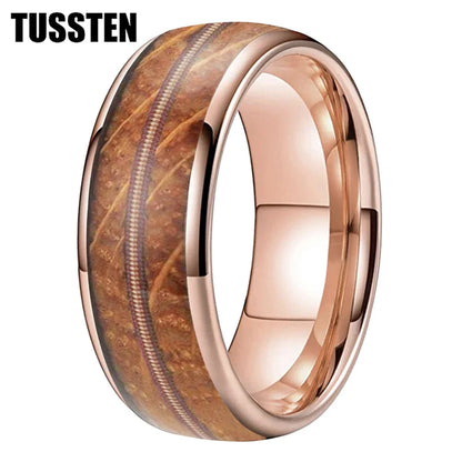 TUSSTEN 8mm Men Women Tungsten Carbide Ring Whisky Barrel Oak Wood Guitar String Inlay Bride Bridegroom Trendy Wedd