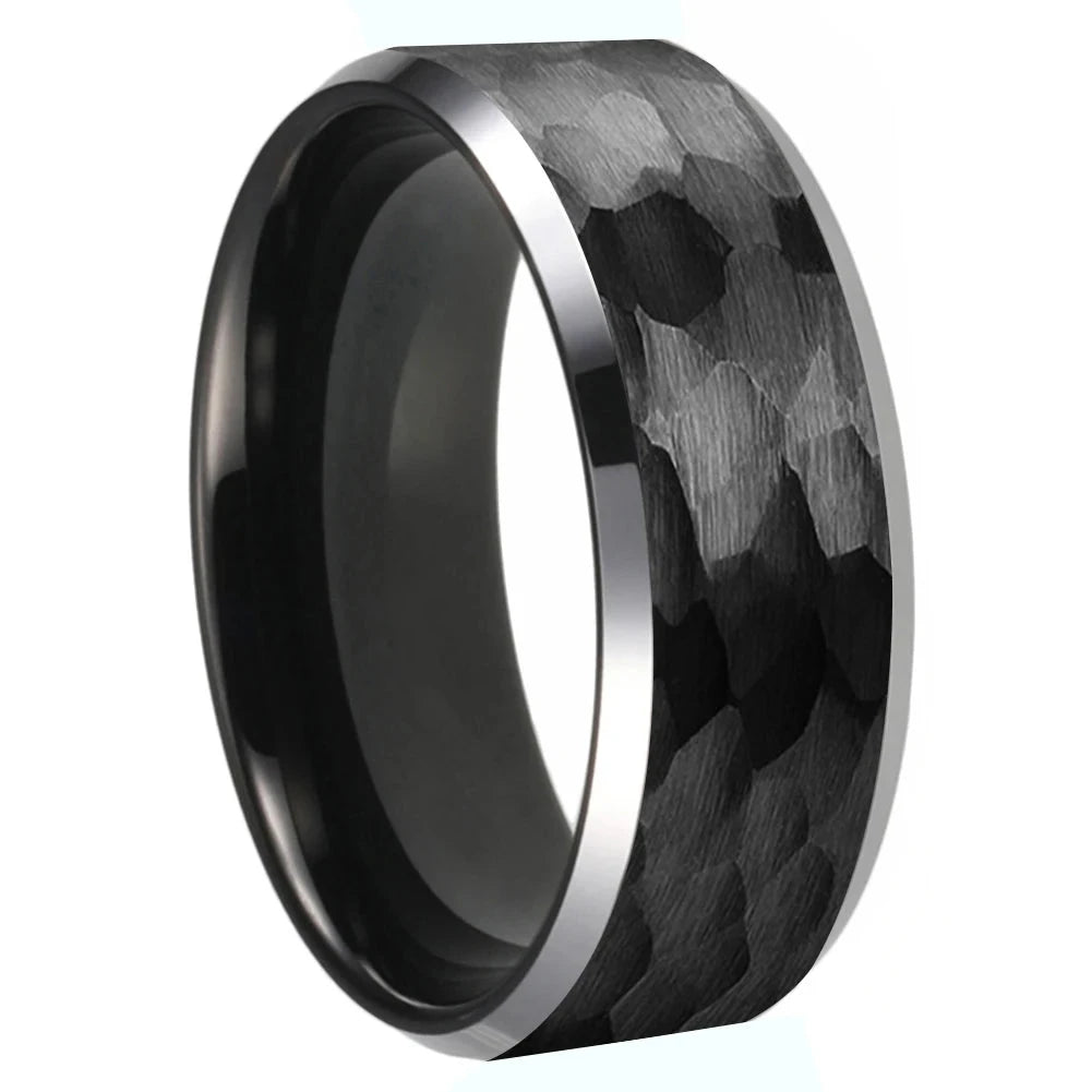 Hammered Tungsten Ring with Beveled Edges