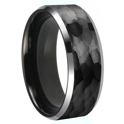 Hammered Tungsten Ring with Beveled Edges