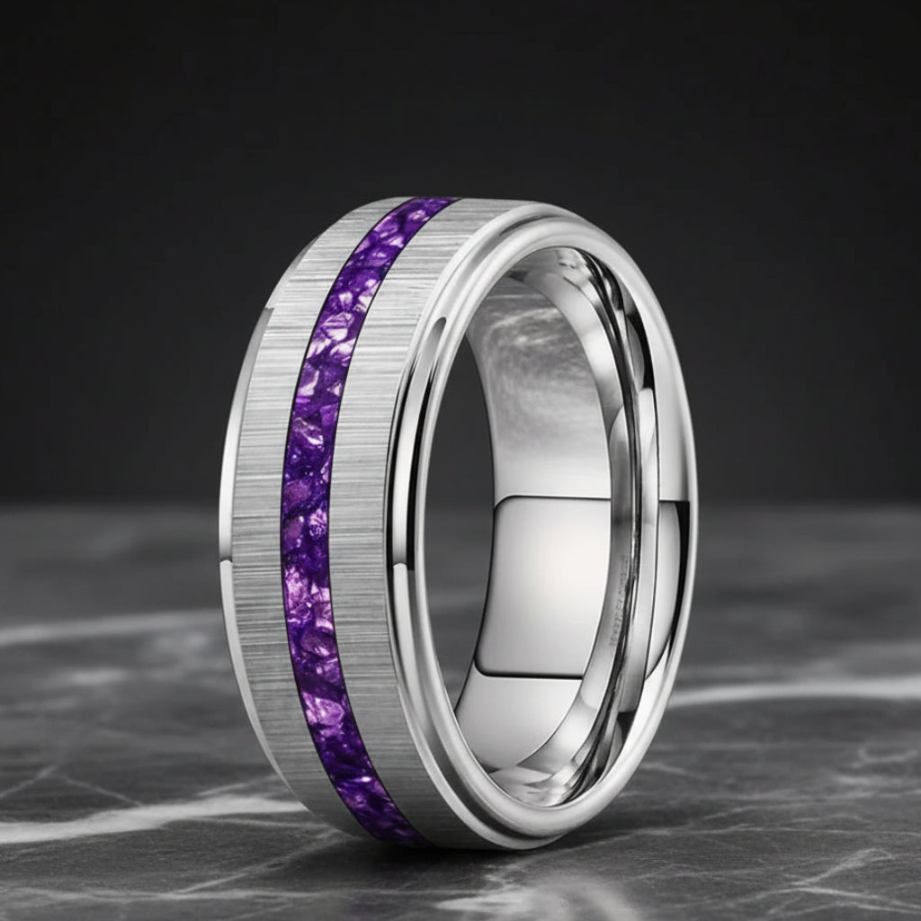 Silver Tungsten Ring with Purple Crystal Inlay 