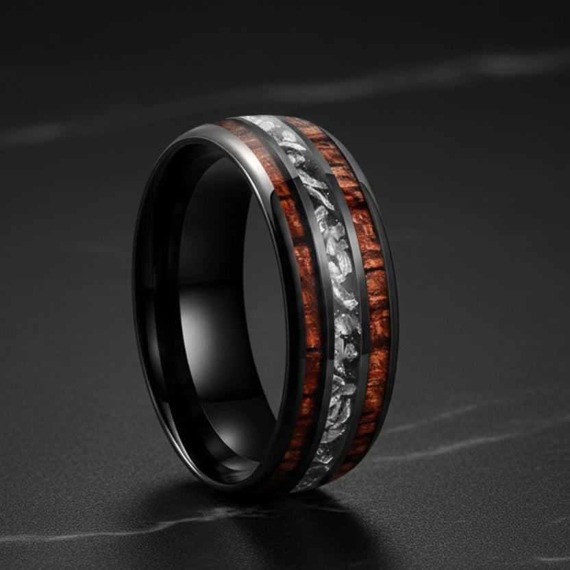 8mm Tungsten Carbide Ring – Koa Wood & Meteorite Inlay