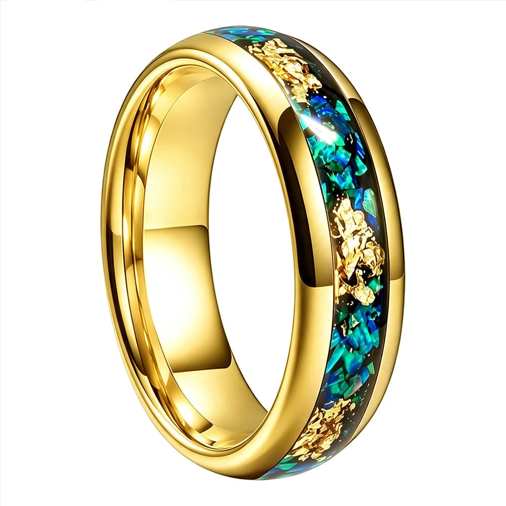 Tungsten Ring with Blue Opal and Gold Foil Inlay