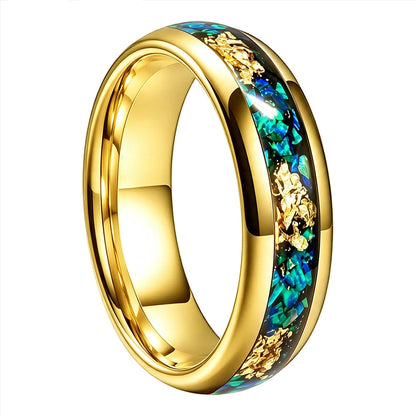 Tungsten Ring with Blue Opal and Gold Foil Inlay