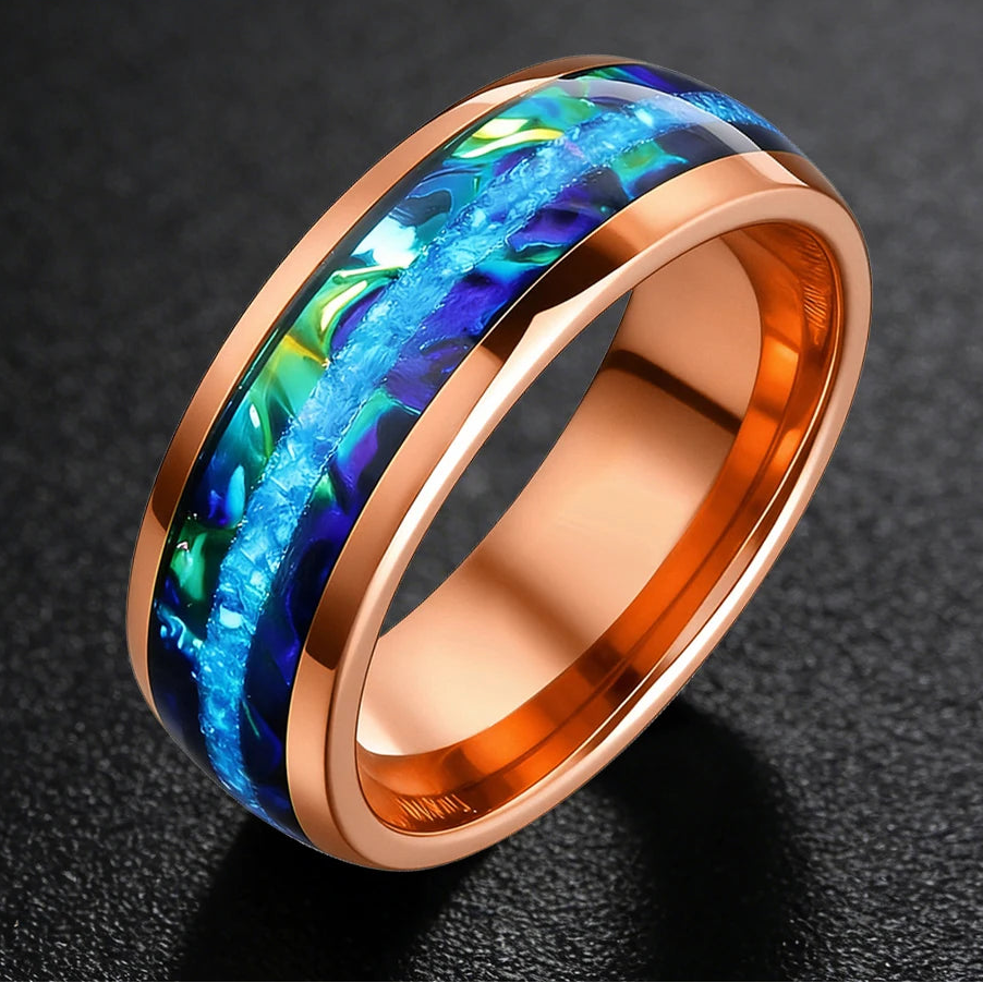 8MM Tungsten Ring with Blue Opal & Dragon Burl Inlay