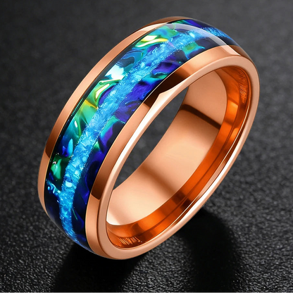 8MM Tungsten Ring with Blue Opal & Dragon Burl Inlay
