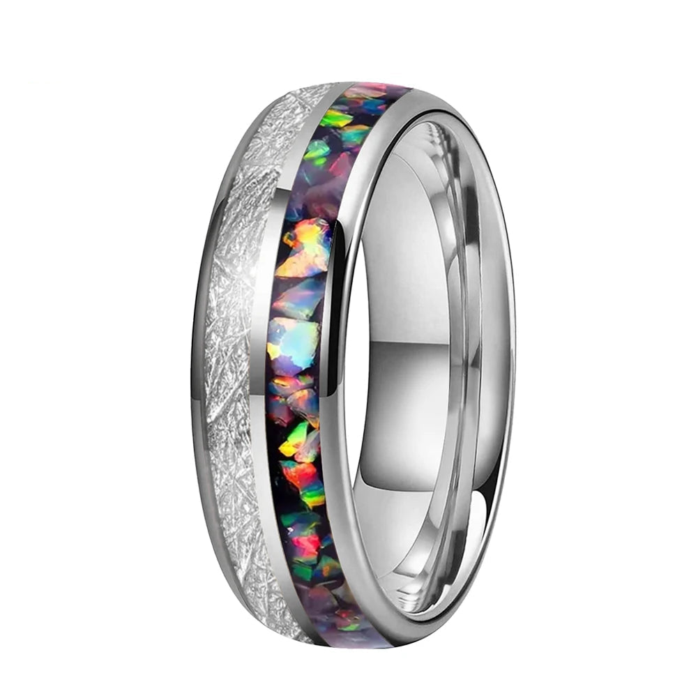 6mm & 8mm Opal & White Meteorite Tungsten Ring