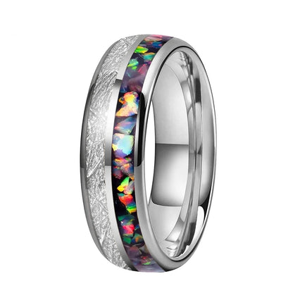 6mm & 8mm Opal & White Meteorite Tungsten Ring