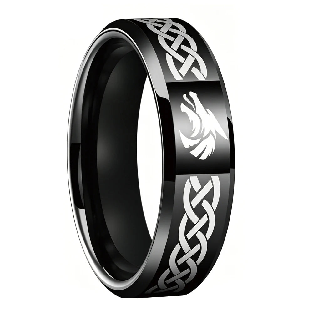 Celtic Knot & Wolf Tungsten Ring
