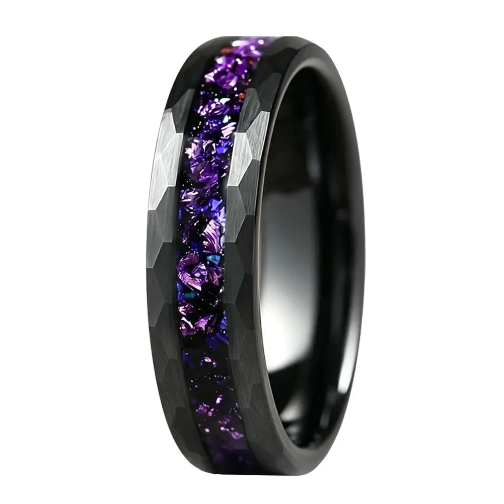 Hammered Tungsten Ring with Blue Galaxy & Purple Crystal Inlay