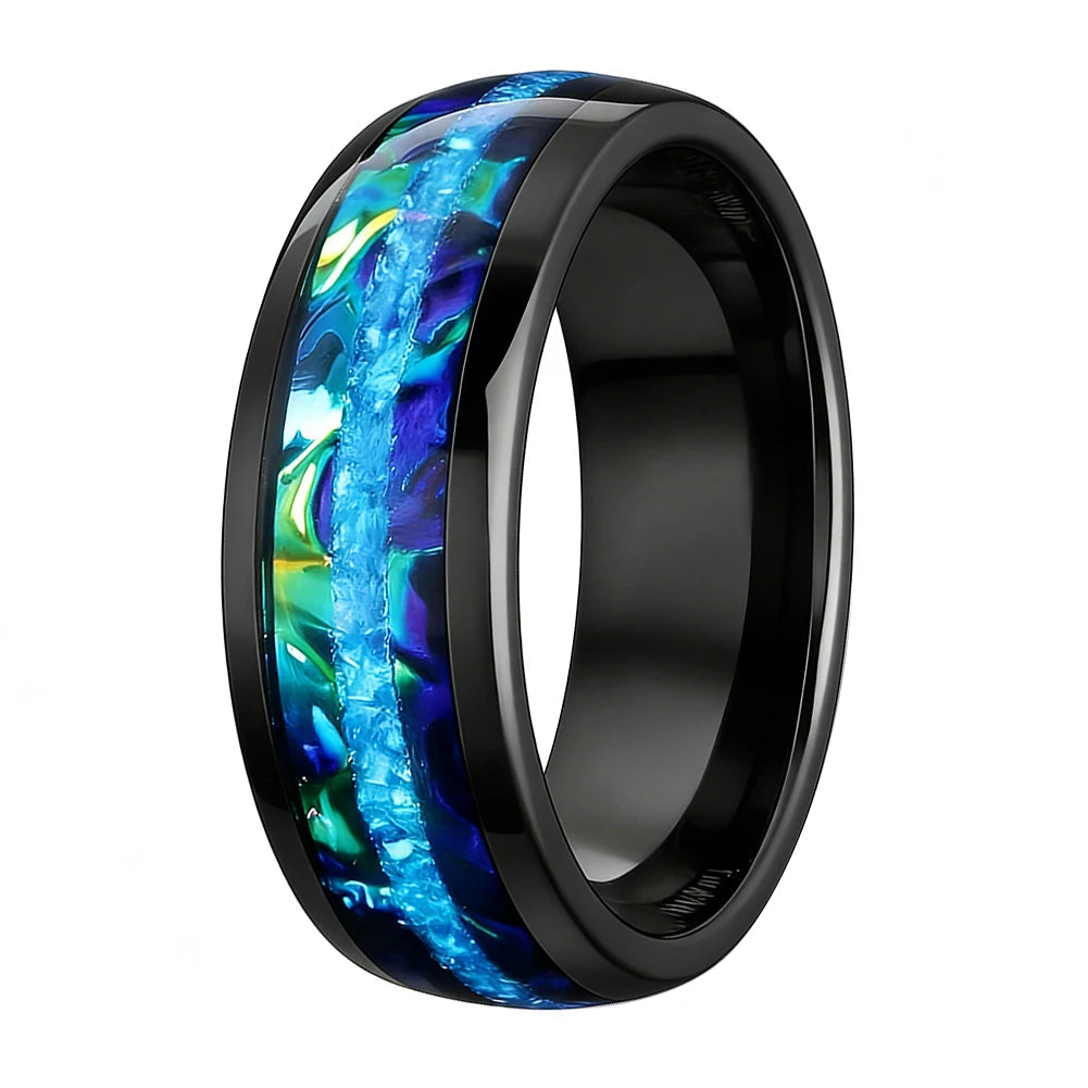 8MM Tungsten Ring with Blue Opal & Dragon Burl Inlay