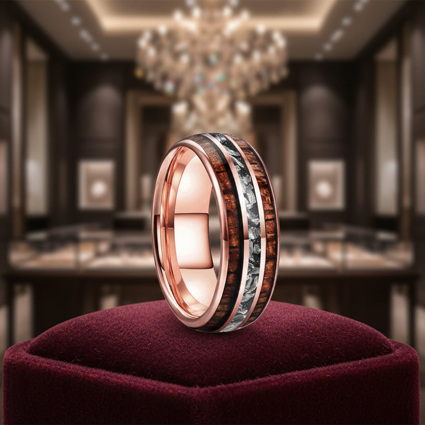 8mm Tungsten Carbide Ring – Koa Wood & Meteorite Inlay