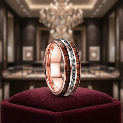 8mm Tungsten Carbide Ring – Koa Wood & Meteorite Inlay