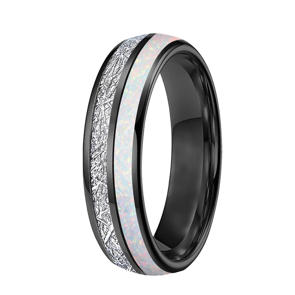 White Opal & Meteorite Tungsten Ring