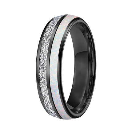 White Opal & Meteorite Tungsten Ring
