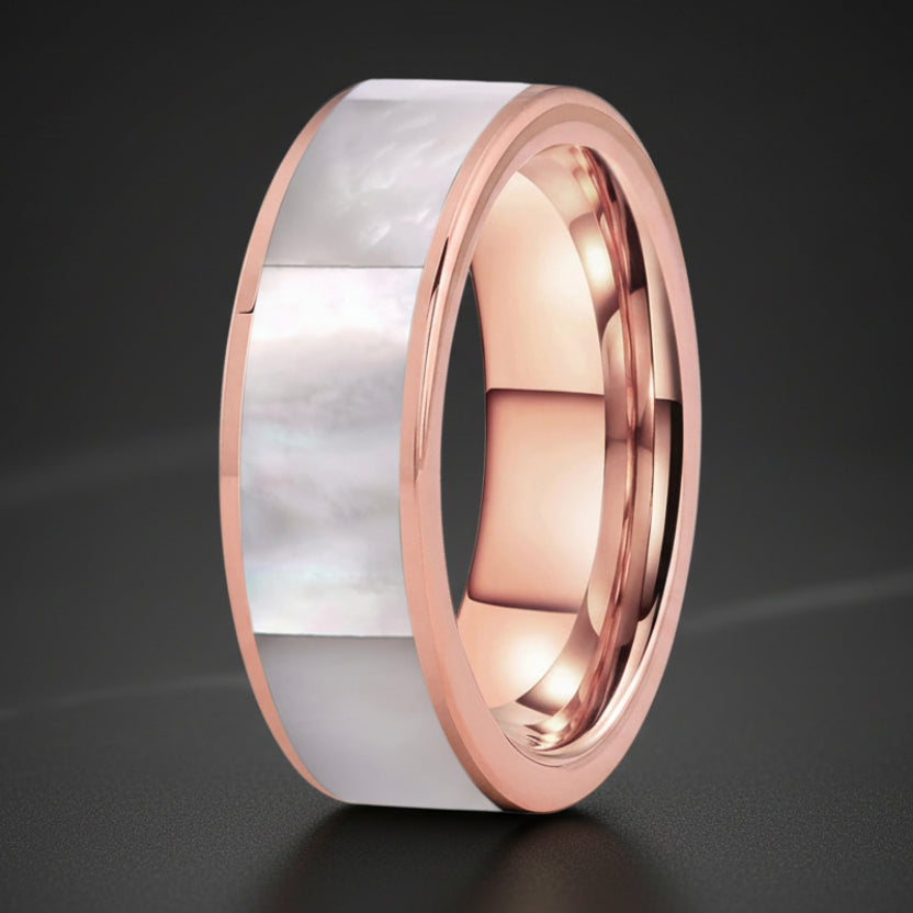 8mm Black Tungsten Ring with White Mother of Pearl Inlay