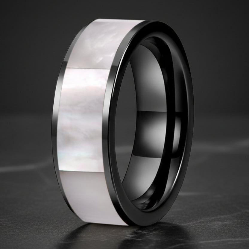 8mm Black Tungsten Ring with White Mother of Pearl Inlay