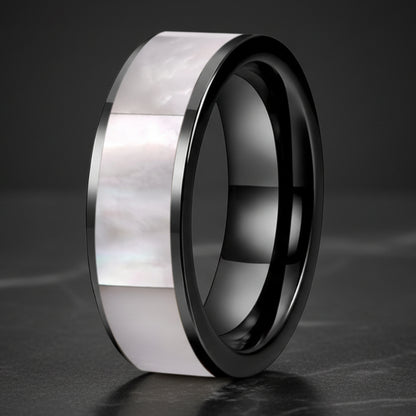 8mm Black Tungsten Ring with White Mother of Pearl Inlay