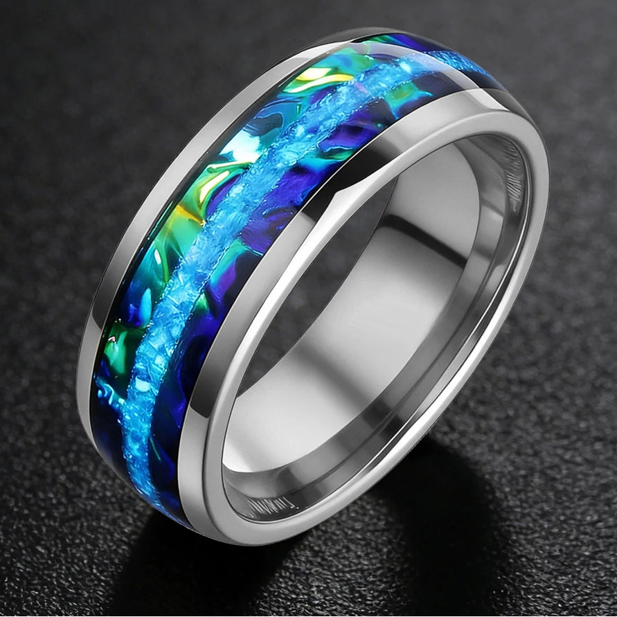 8MM Tungsten Ring with Blue Opal & Dragon Burl Inlay