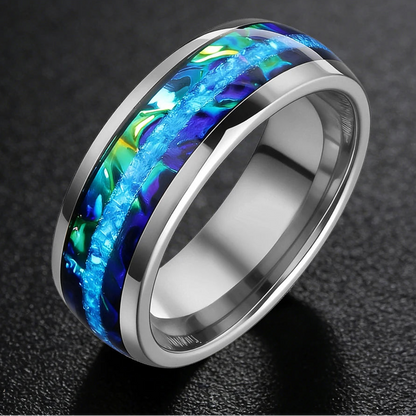 8MM Tungsten Ring with Blue Opal & Dragon Burl Inlay