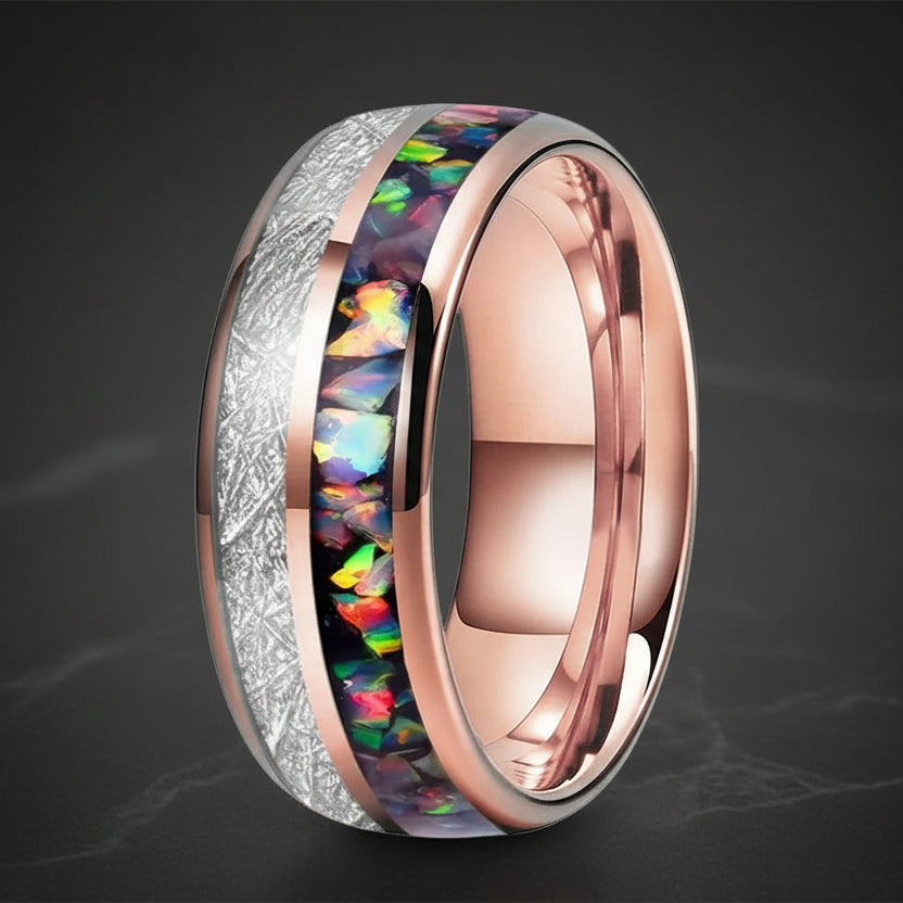 6mm & 8mm Opal & White Meteorite Tungsten Ring