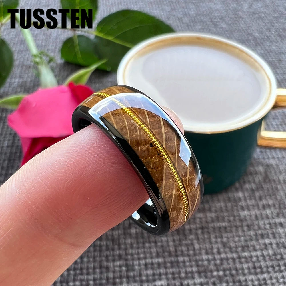 TUSSTEN 8mm Men Women Tungsten Carbide Ring Whisky Barrel Oak Wood Guitar String Inlay Bride Bridegroom Trendy Wedd