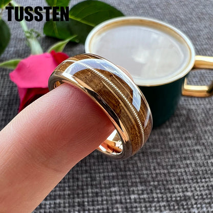 TUSSTEN 8mm Men Women Tungsten Carbide Ring Whisky Barrel Oak Wood Guitar String Inlay Bride Bridegroom Trendy Wedd