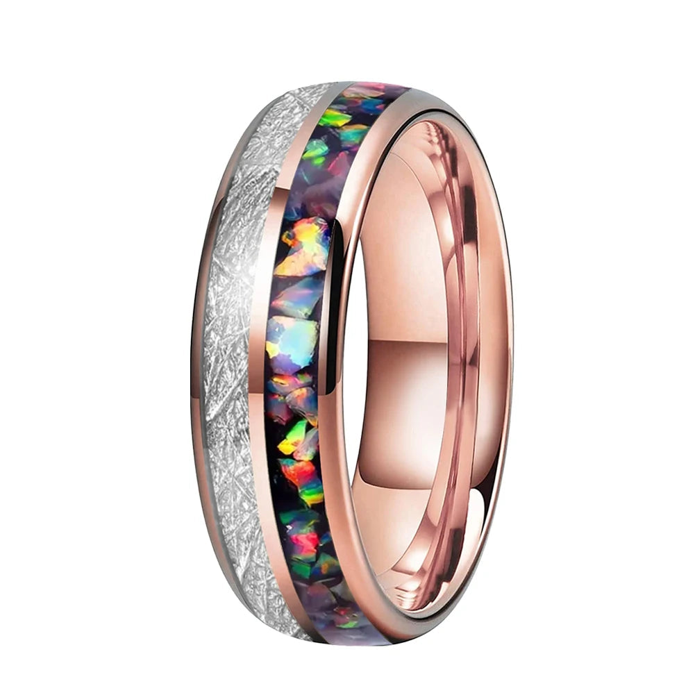 6mm & 8mm Opal & White Meteorite Tungsten Ring