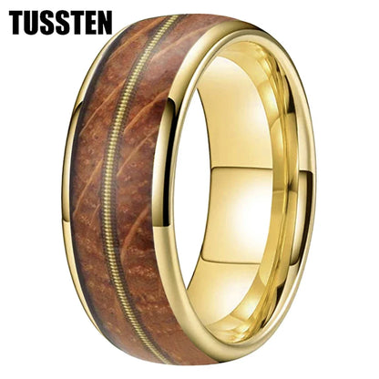 TUSSTEN 8mm Men Women Tungsten Carbide Ring Whisky Barrel Oak Wood Guitar String Inlay Bride Bridegroom Trendy Wedd
