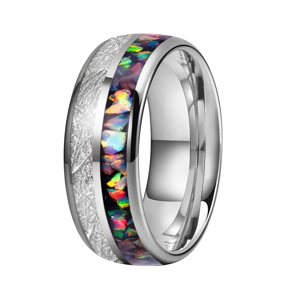 6mm & 8mm Opal & White Meteorite Tungsten Ring