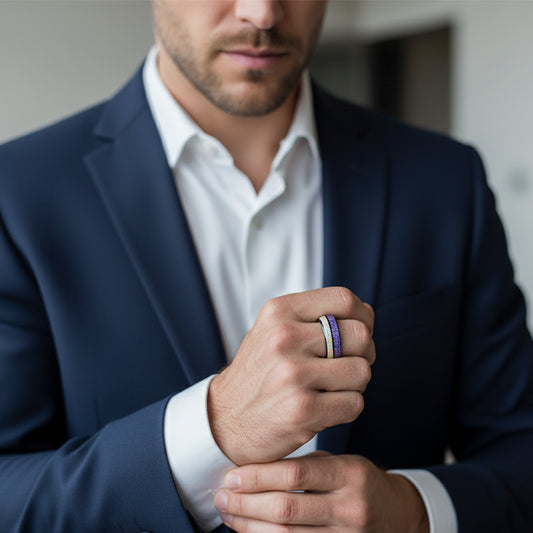 8MM Polished Tungsten Wedding Band with Purple Carbon Fiber & Pink Opal Inlay