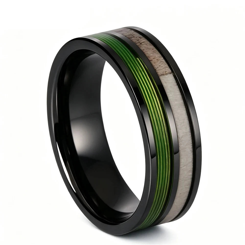 Tungsten Ring with Green Fishing Line &amp; Deer Antler Inlay