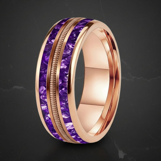 8MM Tungsten Wedding Band with Green & Purple Crystal and Guitar String