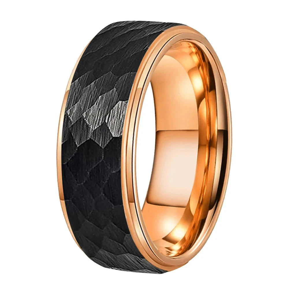8mm Two Tone Hammered Tungsten Ring with Stepped Finish