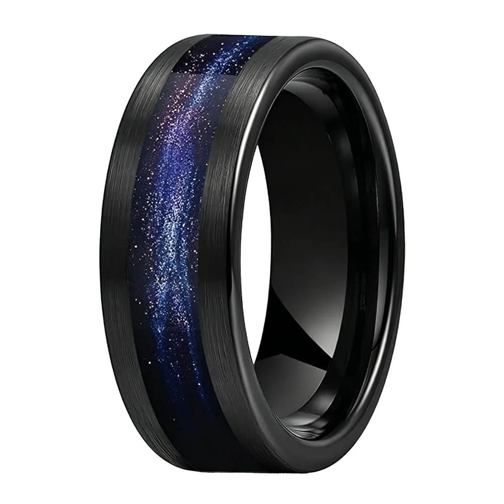 Tungsten Ring with Flowing Sand & Green Grass Agate Inlay