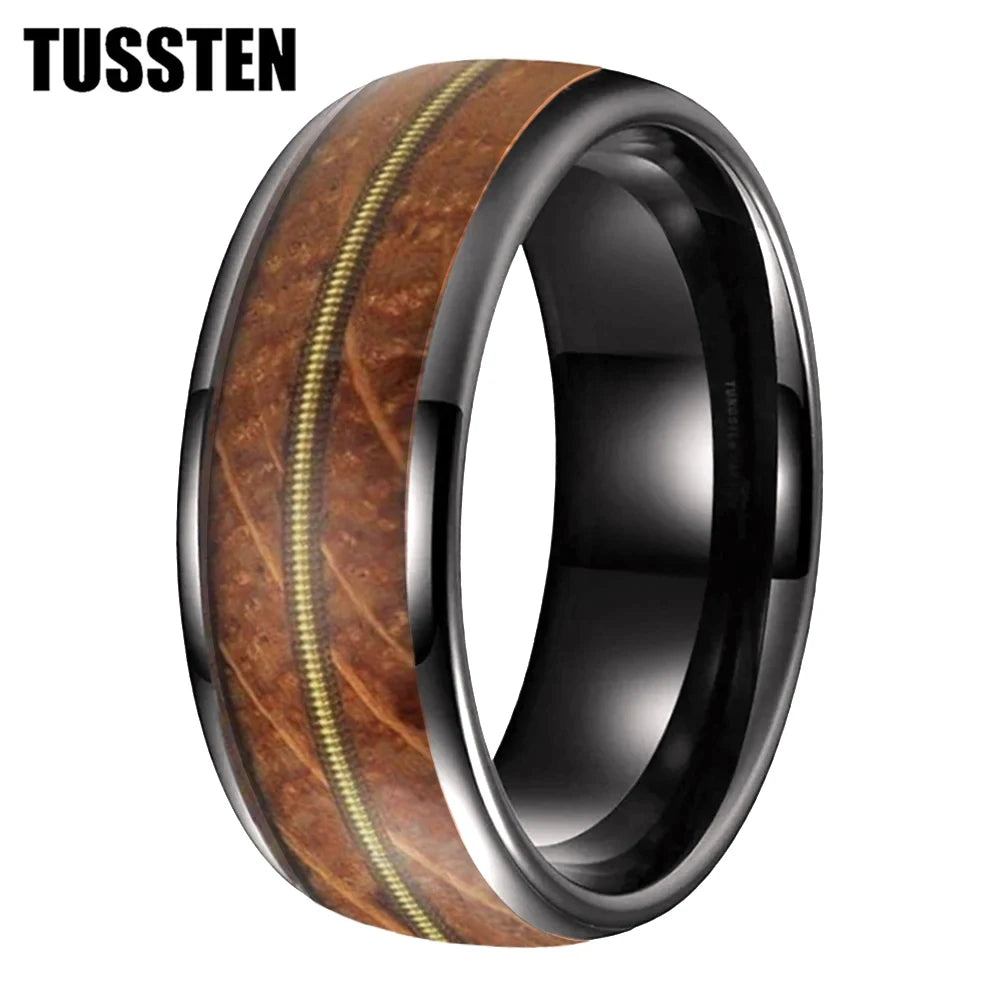 TUSSTEN 8mm Men Women Tungsten Carbide Ring Whisky Barrel Oak Wood Guitar String Inlay Bride Bridegroom Trendy Wedd