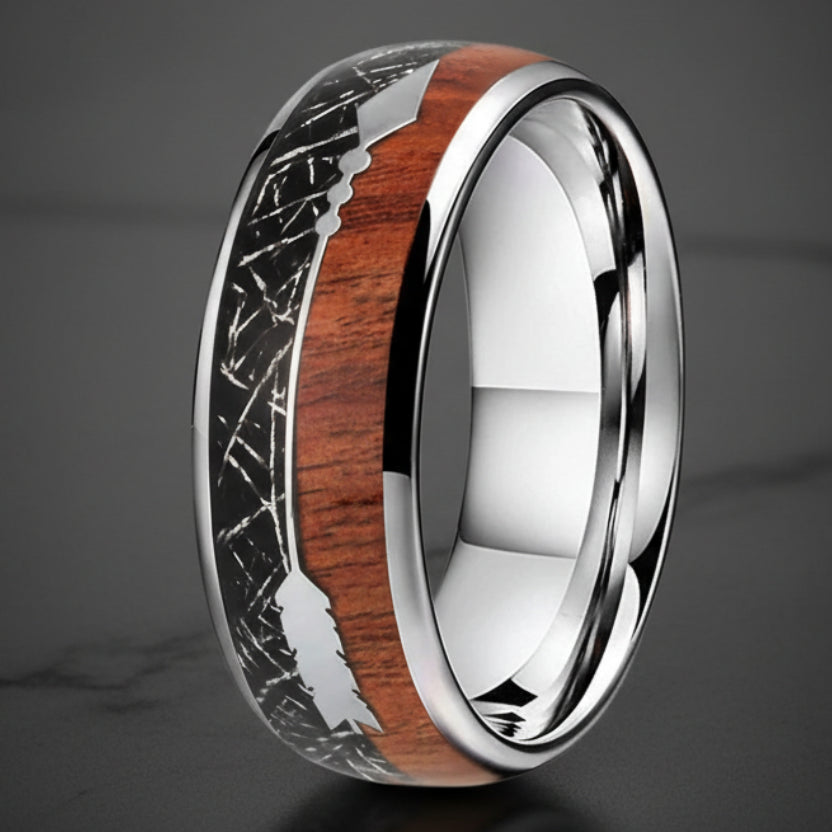 Sandalwood Meteorite Arrow Inlay Tungsten Wedding Band