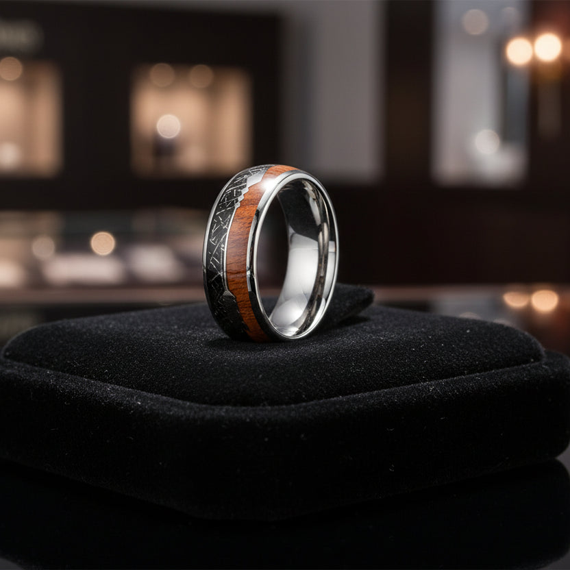 Sandalwood Meteorite Arrow Inlay Tungsten Wedding Band
