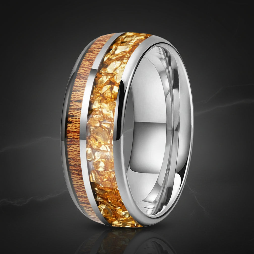 8MM Double Groove Tungsten Wedding Band with Golden Crystal & Red Wood