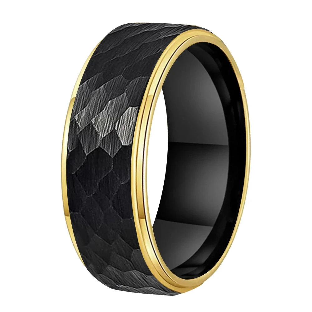 8mm Two Tone Hammered Tungsten Ring with Stepped Finish