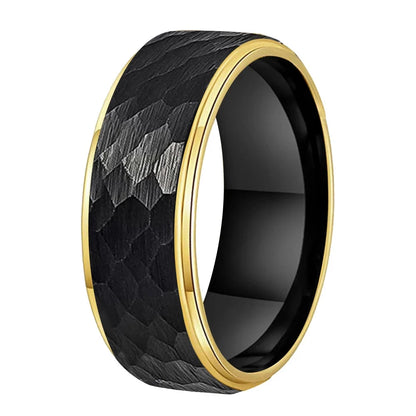 8mm Two Tone Hammered Tungsten Ring with Stepped Finish