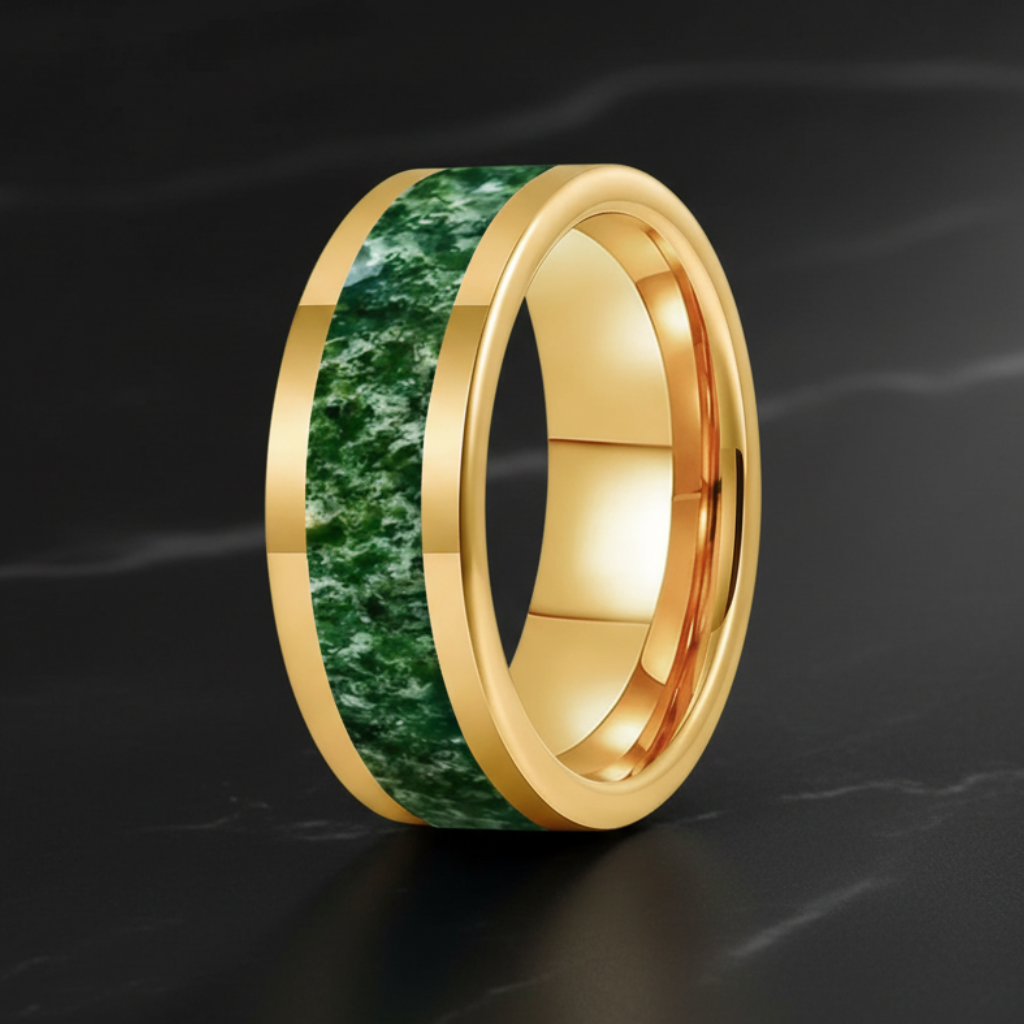 Tungsten Wedding Band with Moss Agate Inlay