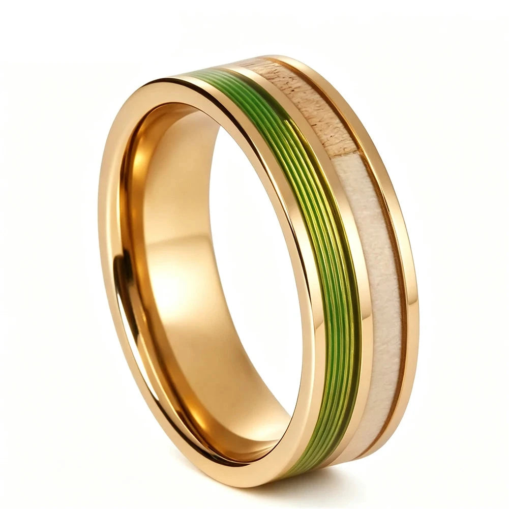 Tungsten Ring with Green Fishing Line &amp; Deer Antler Inlay