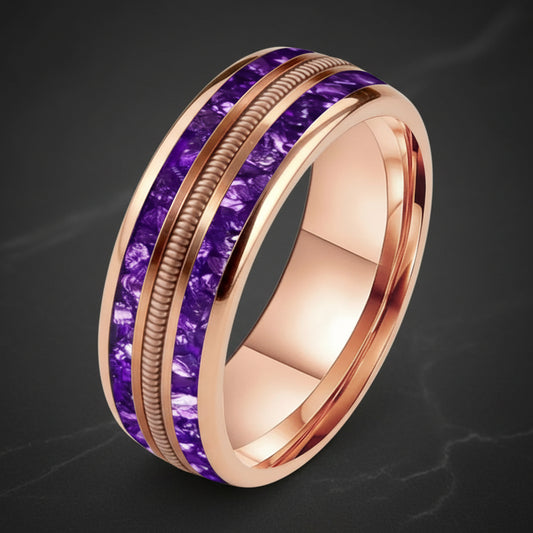 8MM Tungsten Wedding Band with Green & Purple Crystal and Guitar String