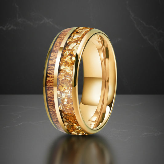 8MM Double Groove Tungsten Wedding Band with Golden Crystal & Red Wood
