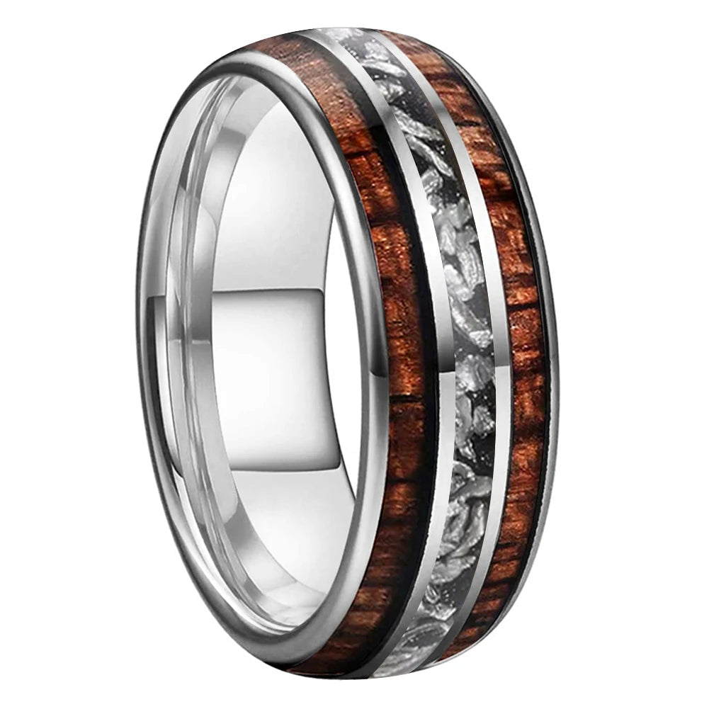 8mm Tungsten Carbide Ring – Koa Wood & Meteorite Inlay